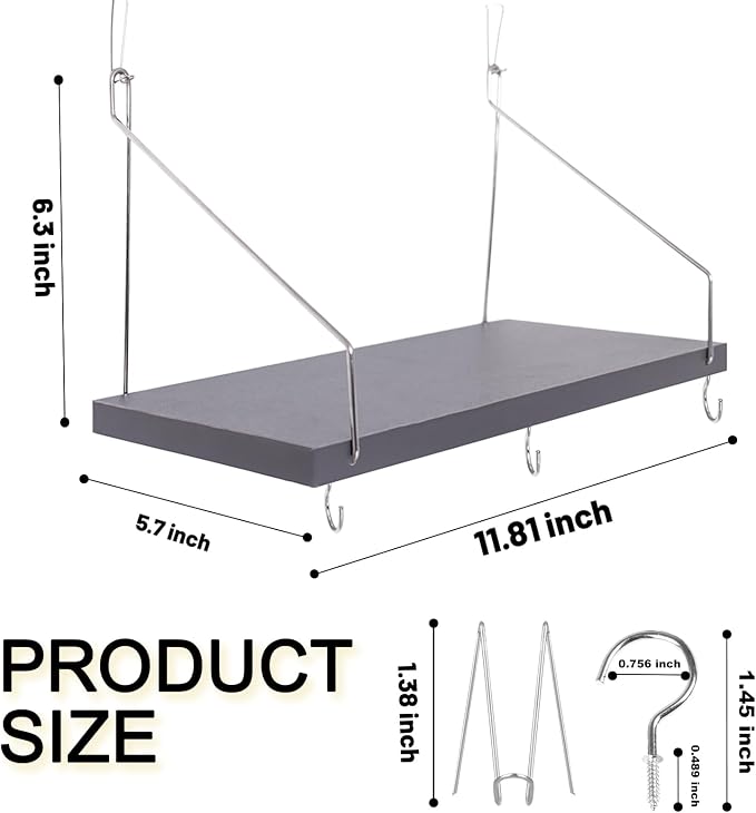 2-Pack Cubicle Shelf For Fabric Walls With Hooks：12x6.0in Gray Wooden Cubicle Shelf Hanging Organizer Silver shelves Accessories Office Stylish Ations cubical Decorations For Women Desk work storage