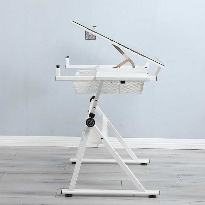 Adjustable Tempered Glass Drafting Table, 0-75° Tilting Art Desk with Multi-Storage Drawers & Trays, Height Adjustable 27.1"-35.8" Drawing Table with Chair, White