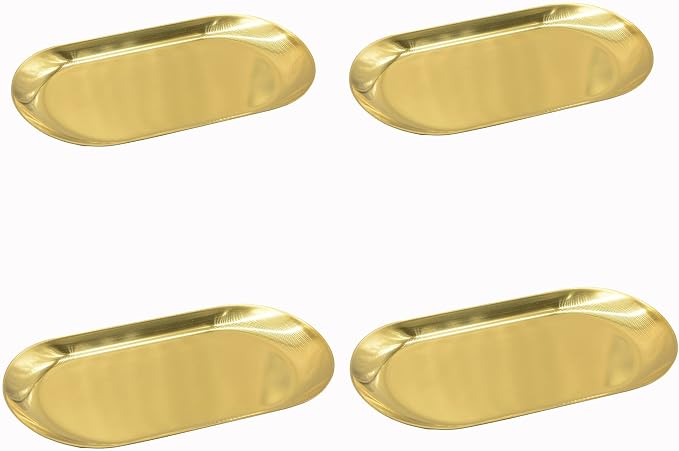 4 Pcs Small Size 7 Inch x 3.3 Inch Trinket Tray, Gold Stainless Steel, for Serving Trays Towel Storage Dish Plate Tea Fruit Trays Jewelry Plate Decorative Storage Tray (Gold 4pcs, 7.1x3.34)