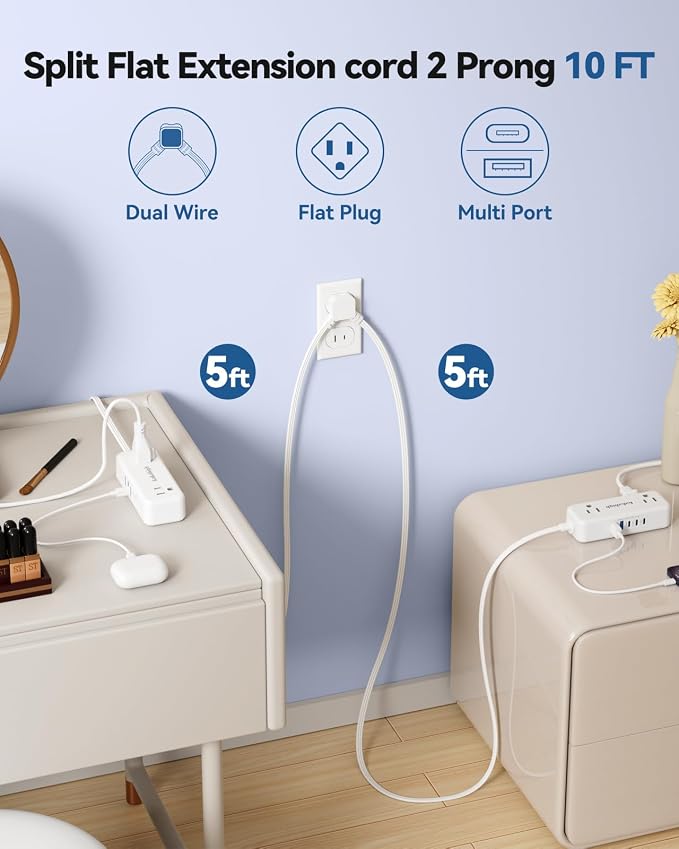 2 Prong Split Extension Cord 10FT (5FT on Each Side), Single Flat Plug Twin Extension Cord with 4 AC Outlets, 2 USB-A & 3 USB-C(24W/4.8A), for Polarized Two Prong Outlet, Old House, White