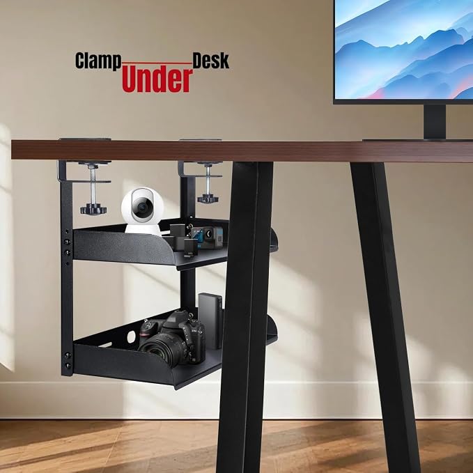 CanKing Desk Clamp Shelf 16 Inch Metal Organizer 2 Tier Adjustable Storage Rack Fits on or Under Table for Desktop Accessories Tray