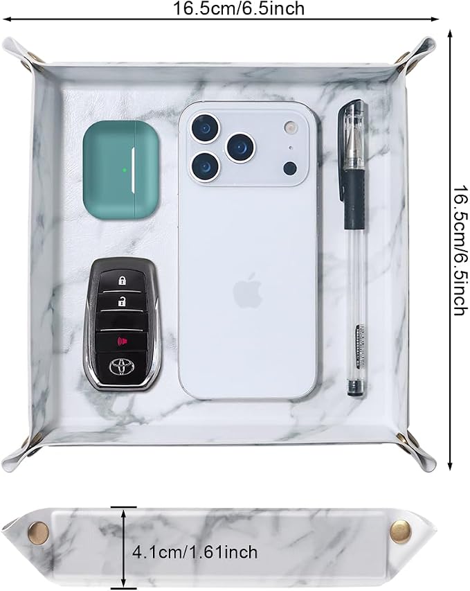 Valet Tray Desktop Storage Organizer – Premium PU Leather Catchall Bedside Vanity Tray Nightstand Caddy Holder for Remote Controller, Keys, Phone, Wallet, Coin, Jewelry,Marble White