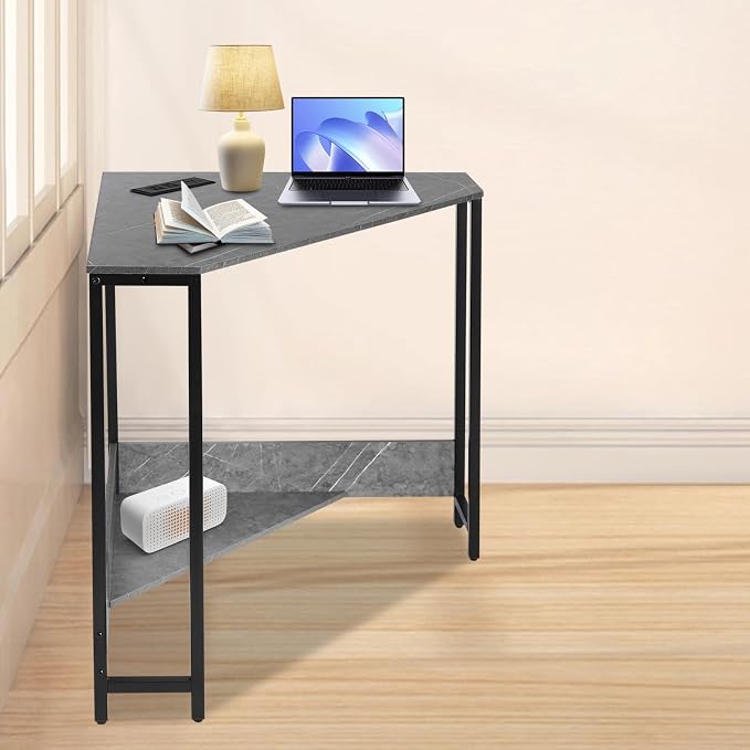Corner Desk with Outlets and USB Ports, 26.77x26.77x29.53in Triangle Desk with Storage for Home Office, Workstation, Living Room, Bedroom, Small Space (Grey)