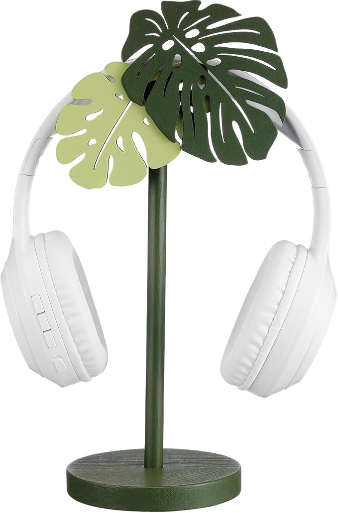 Yookeer Monstera Headphone Stand Cute Headphone Stand Decorative Palm Leaves Wood Desk Decor for Gamer Room Office Desk Gaming Gifts for Girlfriend Office Worker