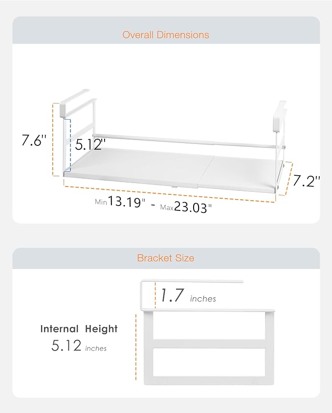 Under Shelf Storage Basket, 2-Pack Under Cabinet Shelf Organizer | Expandable Hanging Basket Holds 35 lbs Add-On Kitchen Pantry Cupboard Counter Laundry 13.19-23.03" W x 7.2" D x 5.12" H