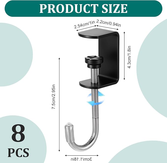 cobee Clamp-On Under Desk Hooks, Desk Mount Hanging Bag Holder Metal Hook Adjustable Headphones Clamp Organizer Portable Purse Hanger Clip Reduce Desk Clutter Table Desk Under Counter (8 Pcs, Black)