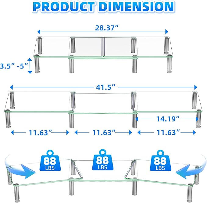 Simple Trending Dual Monitor Stand Riser, Computer Office Desktop Organizer for 2 Monitors with Tempered Glass, Adjustable Length and Angle Stand for Laptop,Printer,TV