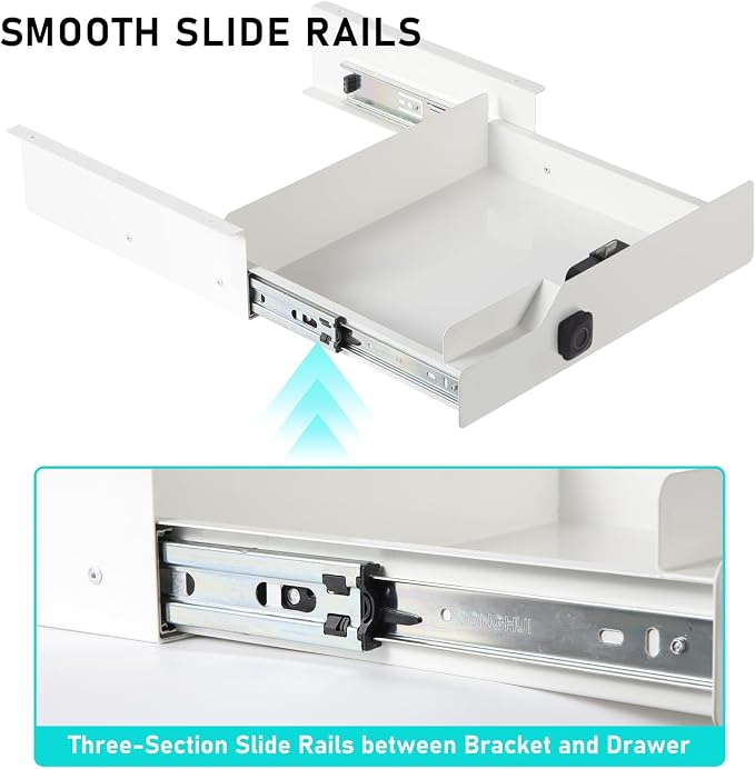 Metal Under Desk Drawer with Biometric Fingerprint Lock, Undermount Table Drawer, Slides out Tray Organizer for Paper, Pencil, and Laptop 16"x11.8"x3.6", White