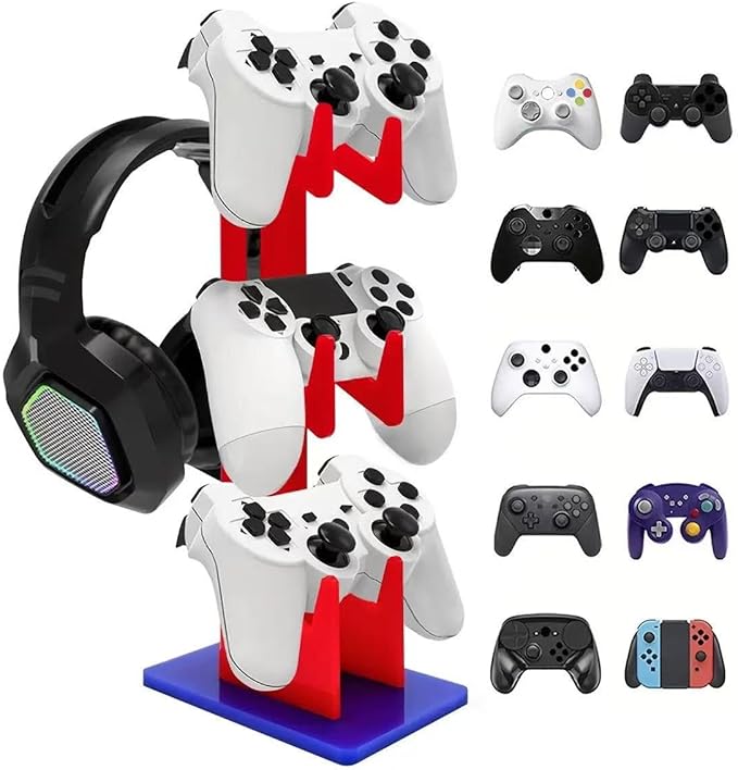 3-Tier Game Controller & Headphone Stand, Black Acrylic Storage Rack, Compatible with PS5/PS4/Xbox Series X/S/Switch Pro Controllers, Desktop Organizer for Gaming Accessories, Red