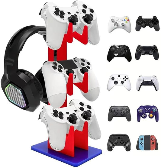 3-Tier Game Controller & Headphone Stand, Black Acrylic Storage Rack, Compatible with PS5/PS4/Xbox Series X/S/Switch Pro Controllers, Desktop Organizer for Gaming Accessories, Red