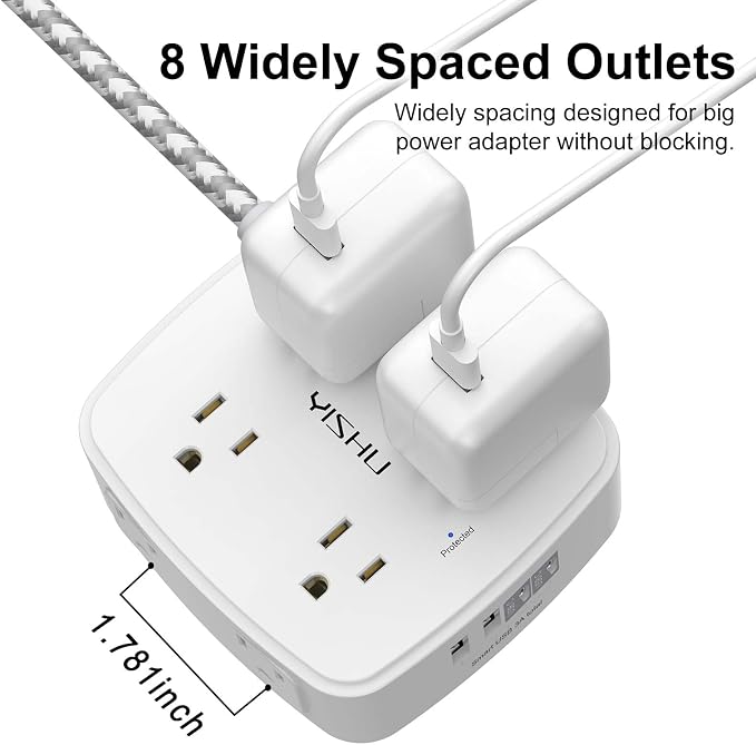 Surge Protector Power Strip - YISHU 8 Outlets with 4 USB (2 USB C) Charging Ports, 6Ft Braided Extension Cord, Flat Plug Multi Plug Outlet Extender Charging Station for Home Office, ETL, White
