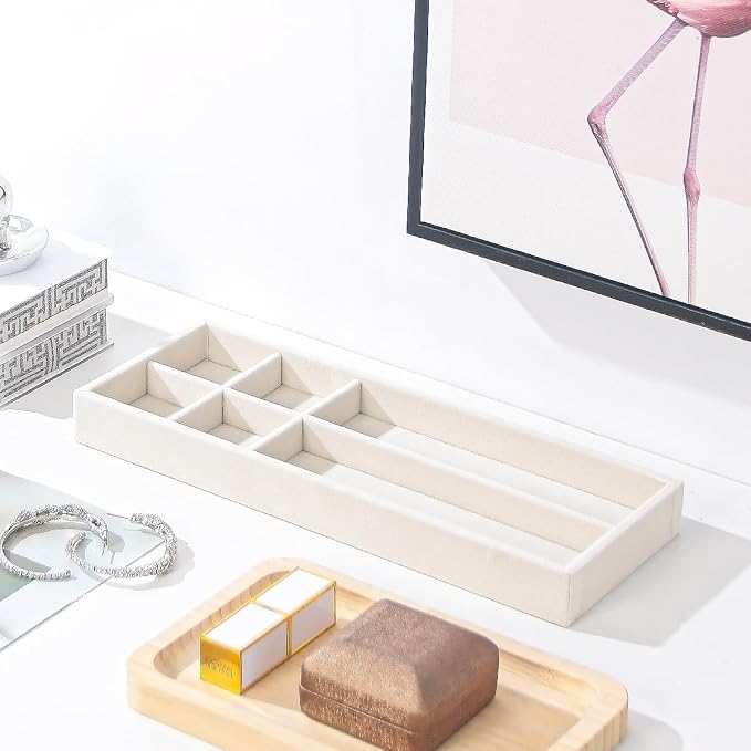 Divided Drawer Organizer Tray, Velvet Jewelry Storage Tray, Necklace Bracelet Ring Earring Display Tray,Bedside Nightstand Desk Holder Tray for Phone Watch Sunglasses Cosmetics Storage/Beige/6grid