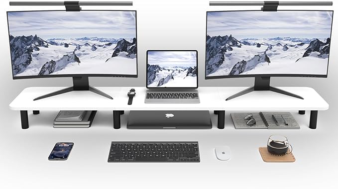 Dual Monitor Stand Riser 43.7 inch Large Extra Long Monitor Stand Riser Wide TV Stand Riser Monitor Stand for 2 Monitors Wood & Steel Leg Desktop Riser Desk Organization Home Office (White)