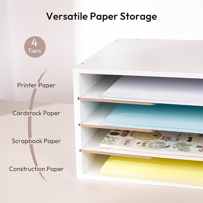 Yumkfoi 12x18 Construction Paper Organizer, 4-Tiers Paper Storage Shelf, Wooden Desk Organizer, File Holder and Letter Tray for Office, Home, Classroom
