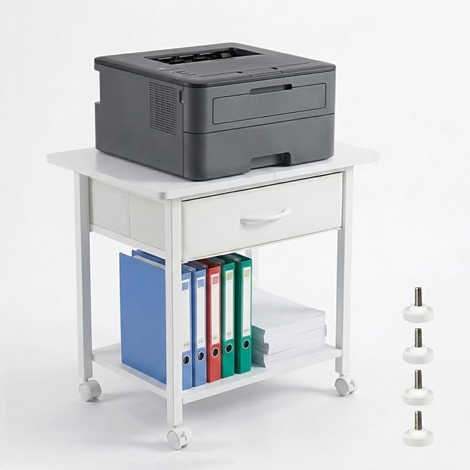 22" x 15" Under Desk Rolling Printer Stand, 2-Tier Industrial Mobile Printer Table with Strong Fabric Drawer, Storage Shelf, Steel Frame and Lockable Wheels, Printer Cart for Home Office (White)