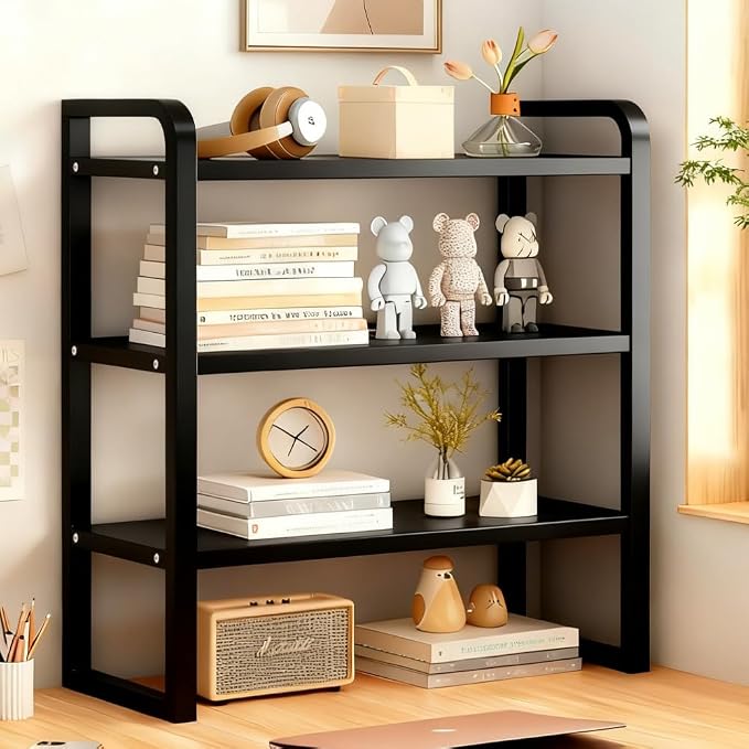 Office Desk Shelf Organizer, Wood Desktop Bookshelf Supplies Storage Rack, Shelf for Top of Desk and Dresser and Cubicle Decor Aesthetic Bookshelf (Black Black, three Tier 19.69 Lx7.87 Wx22.05 H)