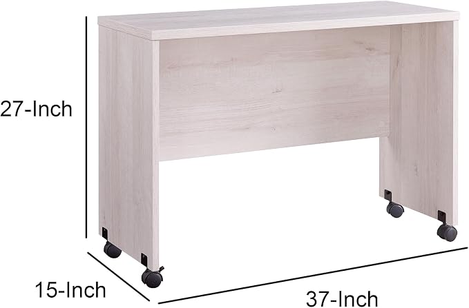Benjara Rectangular Wooden Desk Return with Casters and Grain Details- White Oak