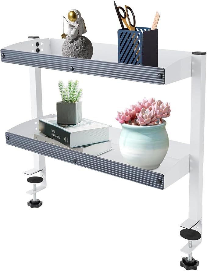16 inch Clamp on Desk Shelf, Desk Extender Side Table, 2 Tier Shelving Unit Above or Under Desktop, Clamp On Desk Organizer Shelving Unit for Home Office
