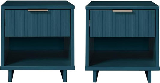 Manhattan Comfort Granville 1-Drawer Nightstand Set of 2, Modern Glam Bedside Table with Ribbed Design and Gold Handles, Ideal for Living Room and Bedroom Use, Midnight Blue
