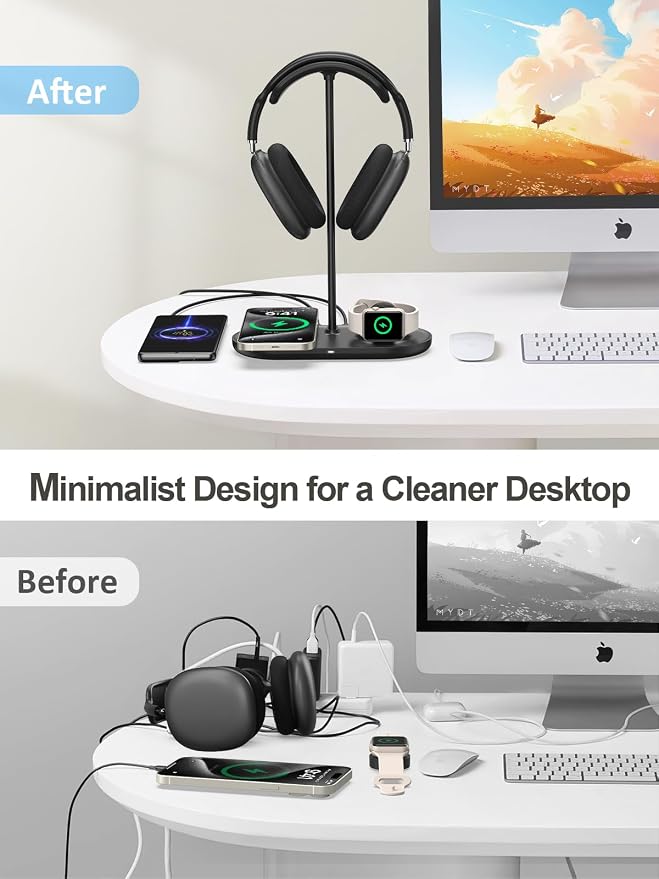TopMade 4 in 1 Headphone Stand for Desk with Wireless Charger & USB Charging for iPhone/AirPods/iWatch, Universal Desktop Gaming Headset Holder for Airpods Max, Bose, Beats, Razer and More, Black