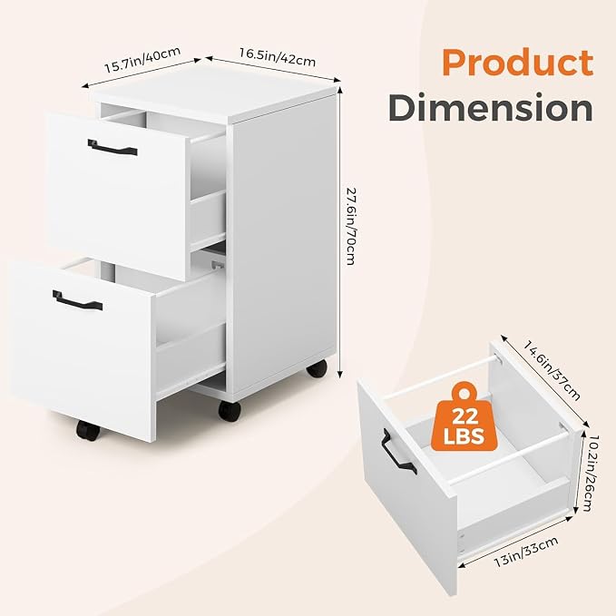 2 Drawer Filing Cabinet, Wood Rolling Filing Cabinets with Printer Stand, Under Desk Storage Lockable Wheels, Home Office Organizer for A4 Letter Legal Size Documents,White