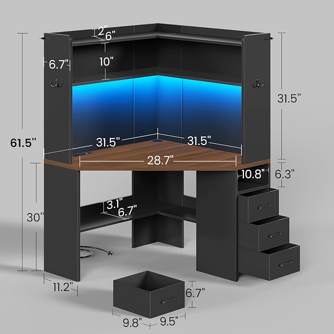 SEDETA 31.5" Corner Desk for Small Space, Corner Gaming Desk with 3 Drawers & LED Lights, Corner Desk with Hutch, Corner Computer Desk with Storage Shelves for Home Office, Black + Brown