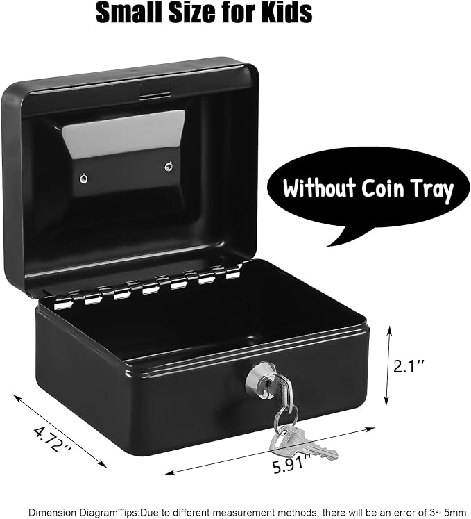 KYODOLED Cash Box with Key,Small Safe Lock Box with Portable Handle,Cash Drawer,5.91"x 4.72"x 3.15" Black Small