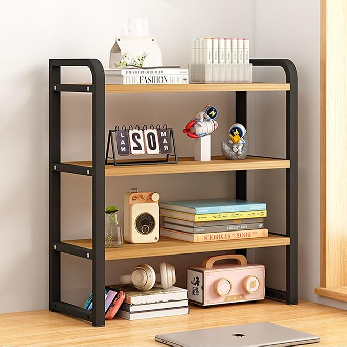 Office Desk Shelf Organizer, Wood Desktop Bookshelf Supplies Storage Rack, Shelf for Top of Desk and Dresser and Cubicle Decor Aesthetic Bookshelf (Black Wood-three Tier, 15.75 Lx7.87 Wx22.05 H)