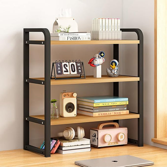 Office Desk Shelf Organizer, Wood Desktop Bookshelf Supplies Storage Rack, Shelf for Top of Desk and Dresser and Cubicle Decor Aesthetic Bookshelf (Black Wood, three Tier 19.69 Lx7.87 Wx22.05 H)