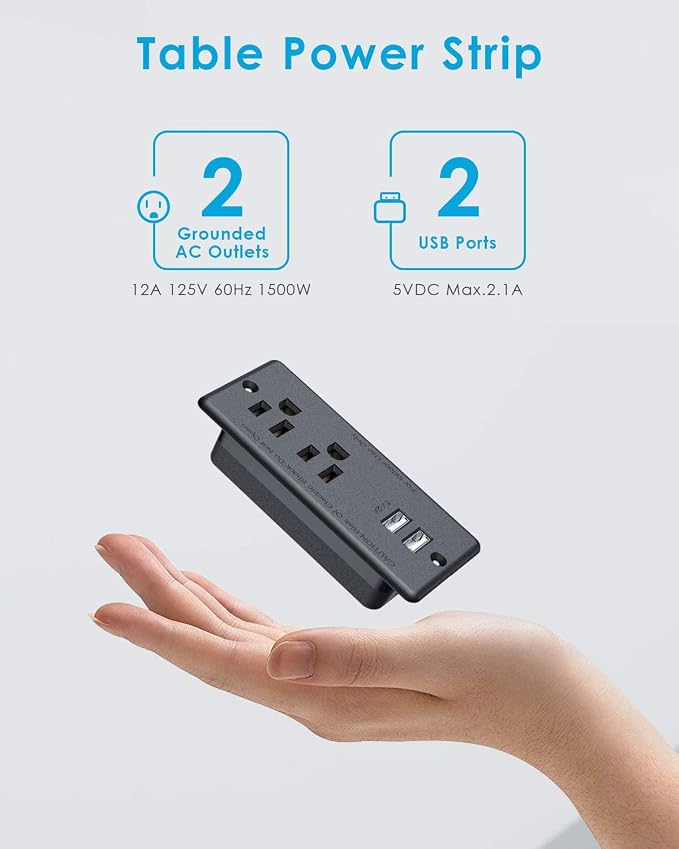 Recessed Power Strip with 2 USB,Flat Plug Ultra Thin Extension Cord,Furniture Desktop Charging Station for Side Table,End Table,Flush-Mount Desk Outlet Power Grommet with 9.85ft Cord Black