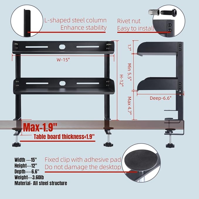 CanKing Desk Clamp Shelf 15 Inch Metal Organizer 2 Tier Adjustable Storage Rack Fits on or Under Table for Desktop Accessories Tray