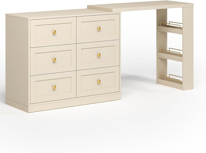 FansaFurn 67" Extendable Makeup Vanity Desk with 3 Side Shelves, L-Shaped Vanity Table and Dresser Combo with 6 Drawers, Modern Dressing Table for Bedroom, Dressing Room, Beige