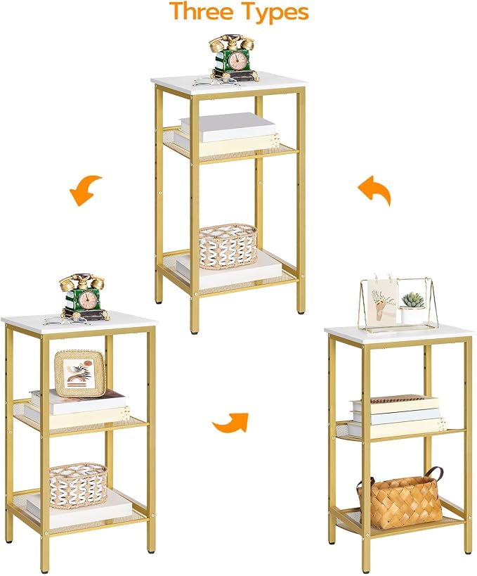 HOOBRO Tall Side Table, 3-Tier Telephone End Table with Adjustable Mesh Shelves, Small Entryway Table with Storage, Small Nightstand for Living Room, Bedroom, Hallway, White and Gold DW01DH01G1