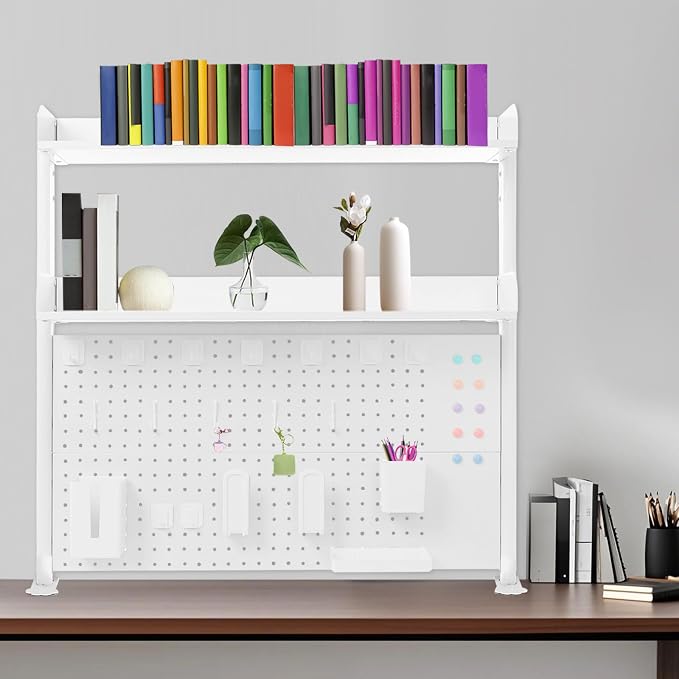 Clamp On Desk Organizer Shelf, Pegboard Multipurpose Countertop Desk Hutch, Desktop Bookshelf Bookcase Storage Shelves for Home Office Dorm Gaming Desk (White)