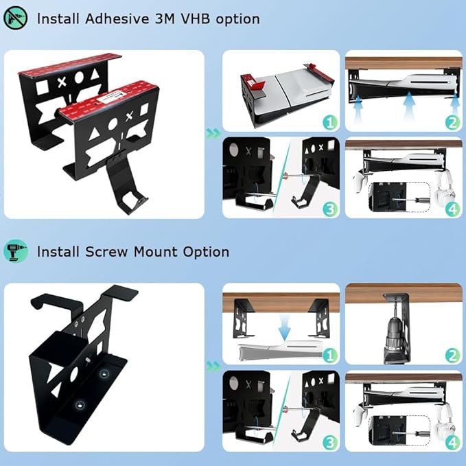 Aluminum Under Desk Mount for PS5/PS5 Slim/ PS5 Pro Digital & Disc, Securing Under Desk Bracket with Detachable Controller & Headphone Holder Kit No Drill (Black)