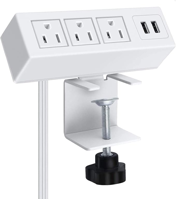 3 Outlet Desk Clamp Power Strip With USB Ports, White Desktop Surge Protector 1200J. Mount Charging Power Station, Edge Power Outlet 125V 12A 1500W