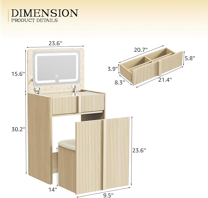 3-in-1 Small Vanity Desk with Drawers & Stool, Compact Makeup Vanity Dresser Set with Ample Leg Room, Sturdy 24" nightstand with Mirror Bedside Table Combo for Bedroom Small Space,Oak