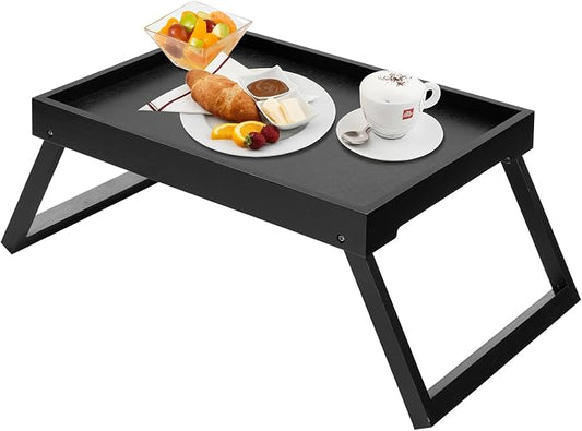 Bamboo Bed Tray Table with Foldable Legs, Breakfast Tray (Black) | Laptop Desk with Folding Legs for Bed or Sofa,Food,Dinner, Serving,TV Table,Kitchen,Eating,Working