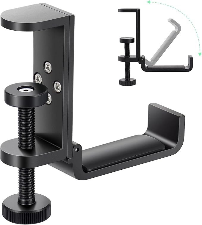 All Aluminum Foldable Headphone Holder for Desk, Headset Stand for Desk,Backpack Holder Hook for Desk,Table Bag Hook,Under Desk Clamp Hook for Gaming PC Accessories,Black