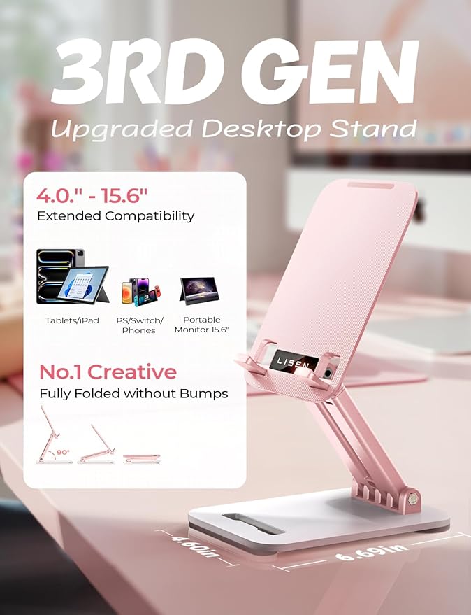LISEN Tablet Stand for iPad Stand Holder Desk, Foldable eBook Readers Desk Accessories Fits Kindle 4-15.9" Pink