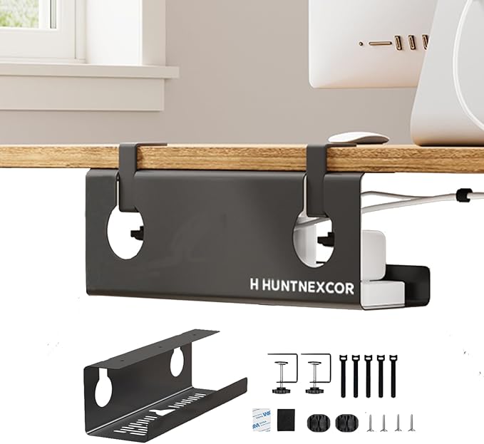 No Drill Under Desk Cable Management Tray with Clamp, Home/Office Desk Cord Organizer and Accessories Storage Shelf, 17'' Metal Cable Organizer for Standing/Gaming Desk, Office Supplies, Black 1 Set