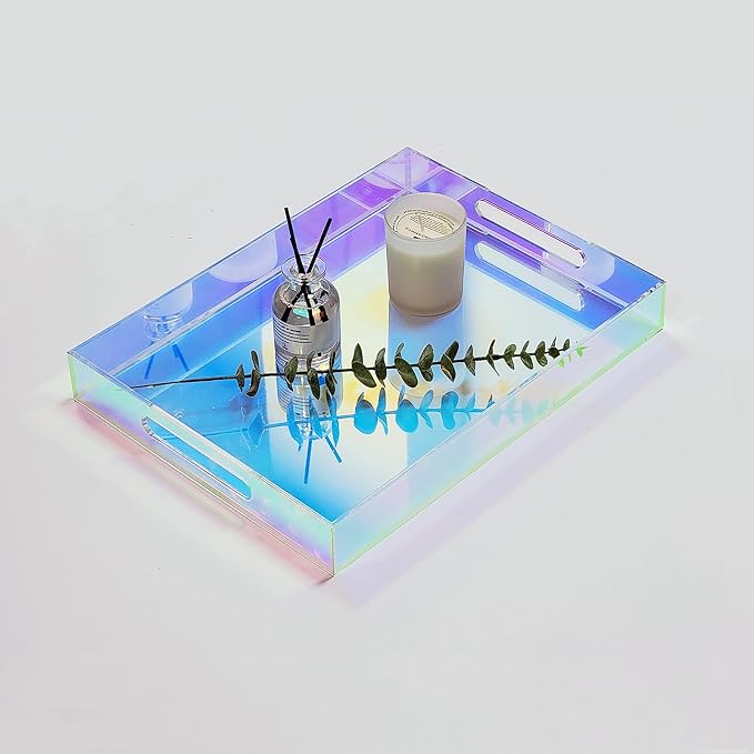 ROYALITA Iridescent Acrylic Serving Tray with Handles 16x12 Inch - Acrylic Tray Bathroom Perfume Tray Spill Proof, Decorative Tray for Ottoman Coffee Table Countertop, Wedding Decor, Office Desk