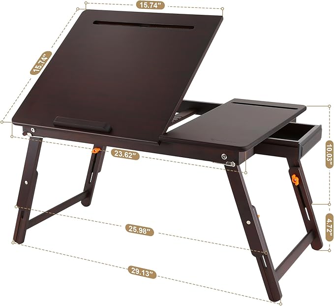 Nnewvante Laptop Desk, Height & Angle Adjustable Lap Desk Bed Tray Table, Foldable Laptop Table with Drawer, Mouse Pad, Tablet & Phone Slots for Working Reading Writing Eating, Black Walnut