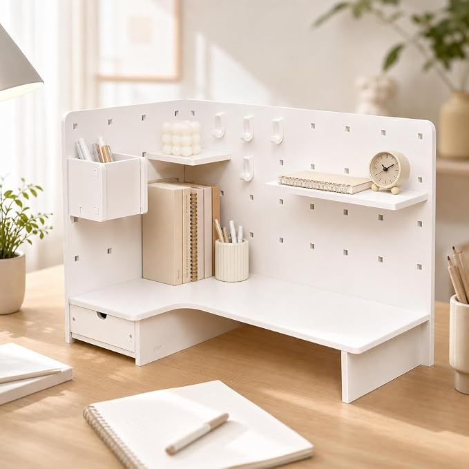 Corner Organizer Pegboard Organizer, White Desktop Storage Shelf, Small Desk Shelf for Home Office, Vertical Desk Storage, Corner Pegboard Shelf - Upgrad (#0142)