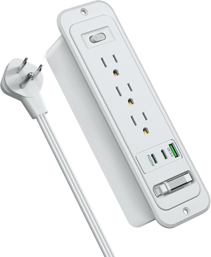 Recessed Power Strip with Retractable USB C Cable,2 PD 20W USB C,Flush Mount Countertop Drawer Outlet, Furniture Hidden Outlet for Side Table,End Table,3 Outlets (Grey, 6FT-20W USB)