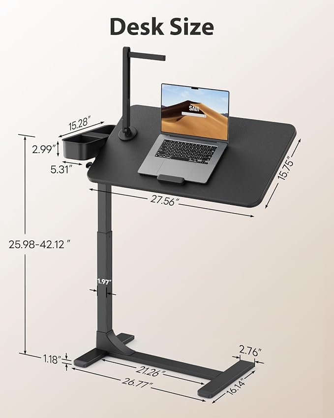 SAIJI Magnetic Overbed Bedside Table with Wheels, Height and 360° Angle Adjustable Over Bed Desk with Led Light, Portable Lengthened Rolling Laptop Standing Desk Mobile Bed Tables Hospital Home Use