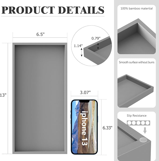 ZHWS Bathroom Vanity Tray for Countertop Perfume Makeup Jewelry Candle Decor, Kitchen Tray for Soap Dispenser Spice Salt, Large Tray for Toilet Tank Paper, Serving Nightstand Silver 13”x6.5”