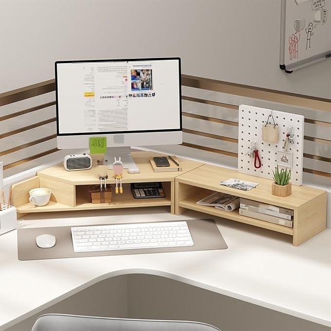 Corner Monitor Stand for Desk, Laptop Stand and Monitor Riser for Desktop Computer, Office Desk Accessories and Organizer, Space-Saving Corner Desk Shelf, Computer Stand(Natural,B)