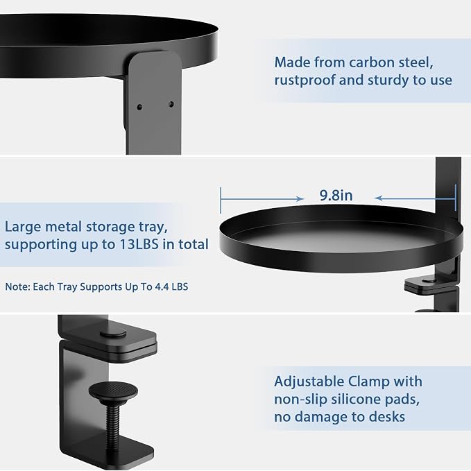 Swivel Clamp On Desk Shelf with 9.8in Adjustable Metal Storage Tray Above or Under Desk Storage 3-Tier Desk Extension Shelving Unit No Drilling Desktop Shelves for Max Desktop Thickness 2.4in