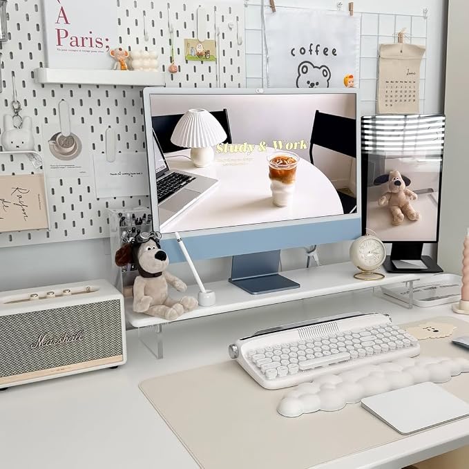 Bamboo Monitor Stand Riser with Acrylic Legs for Desk, 31.5 Inches Desktop Shelf Supports for PC Computer Monitor, Laptops, Printer, Speakers (White)